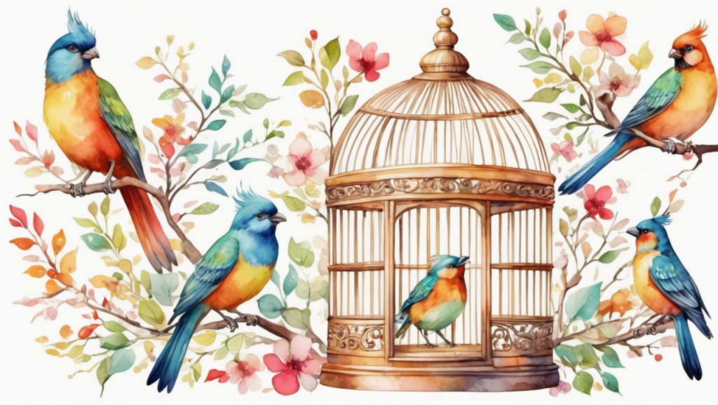 Bunte Vögel fliegen aus ihrem Käfig als Symbol für Wendepunkte und neue Wege
